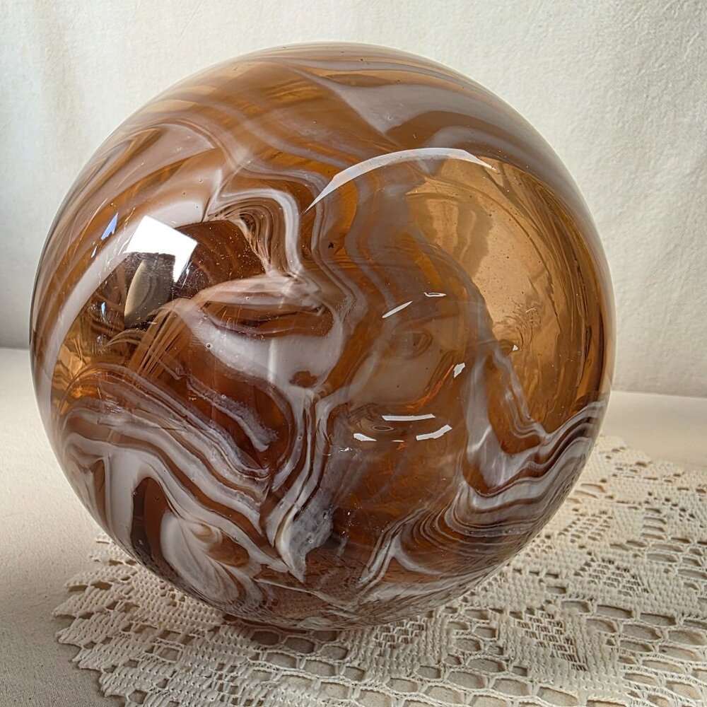 Vintage Hand Blown Glass Vase Double Gourd Shape 14" Swirled Brown & White Patte - Picture 6 of 6